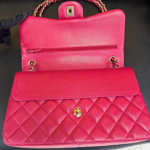 New Rare CHANEL Fuchsia Pink Large Classic Flap Bag Grained Calfskin Gold metal - Picture 9 of 14